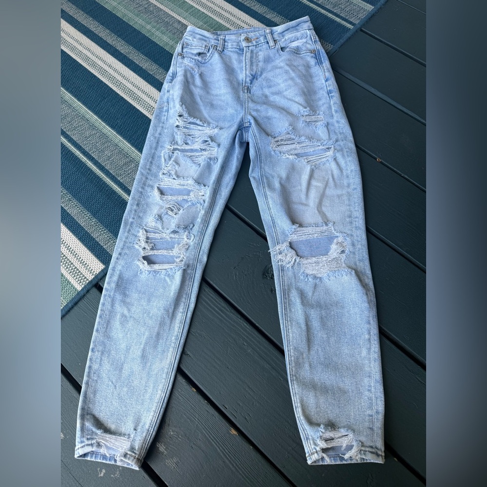 Light Blue Distressed American Eagle Curvy Mom Jeans